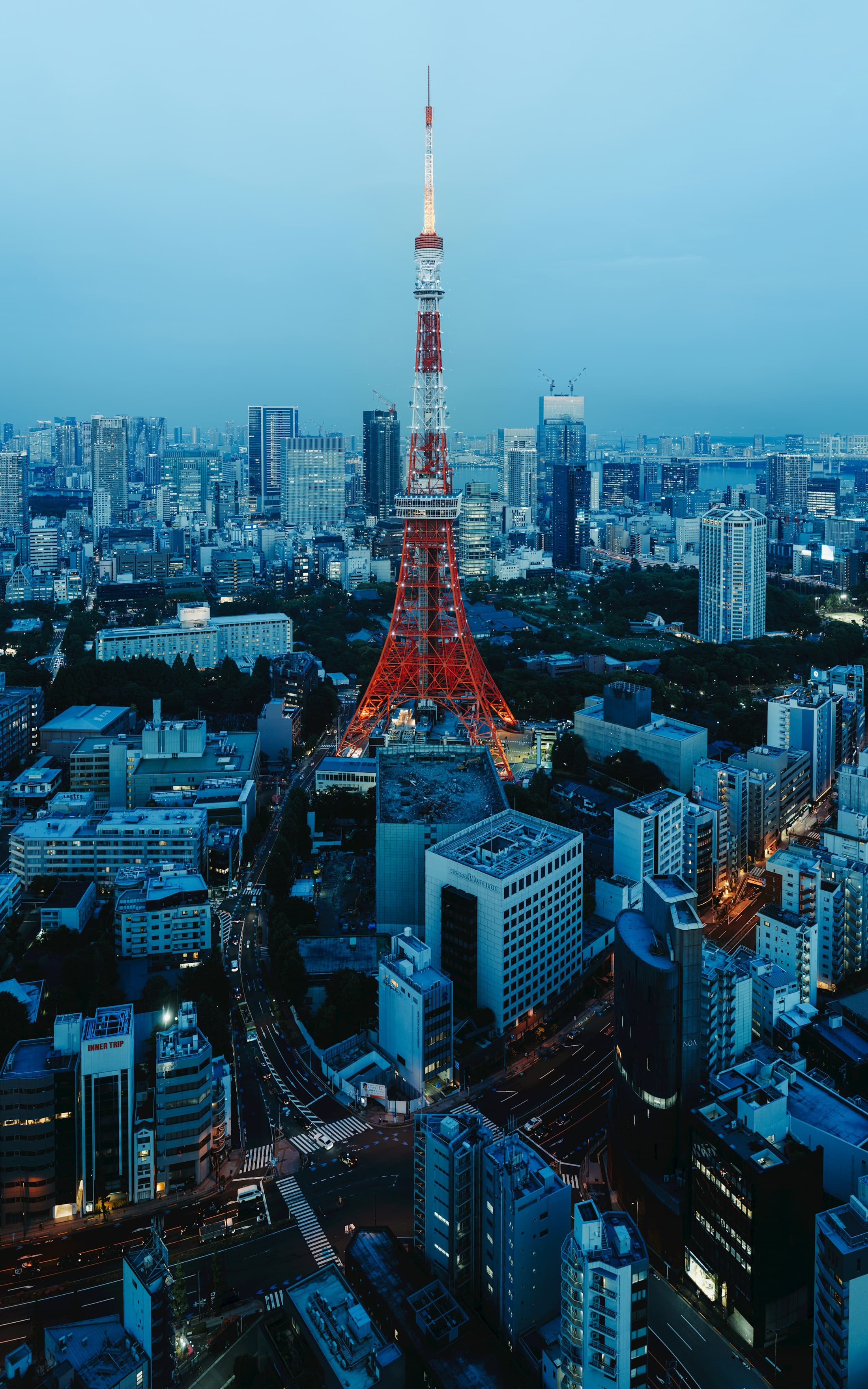 Tokyo Tower and the city skyline at blue hour